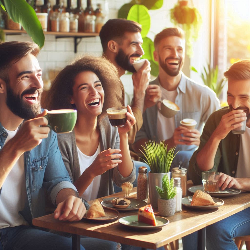 groud of firends drinking coffee laughing
