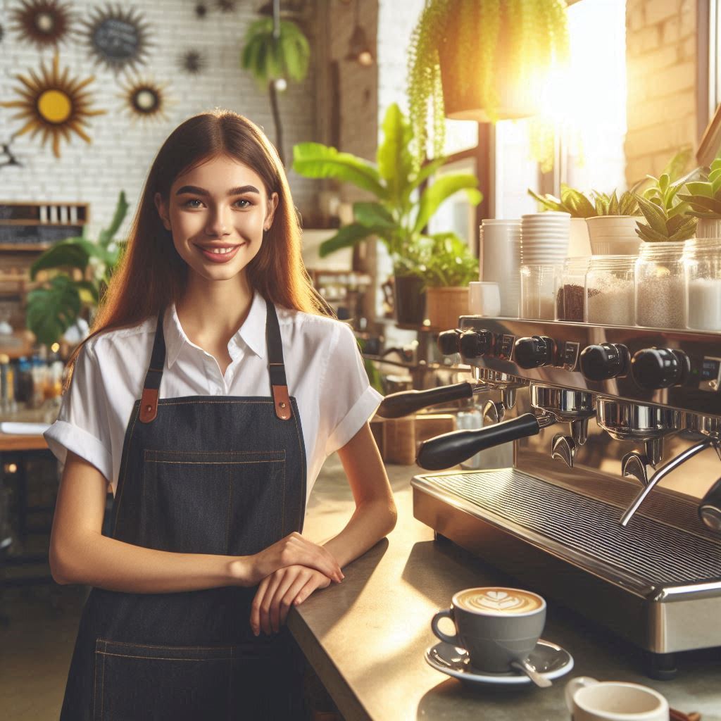 long haired barista leaning on counter